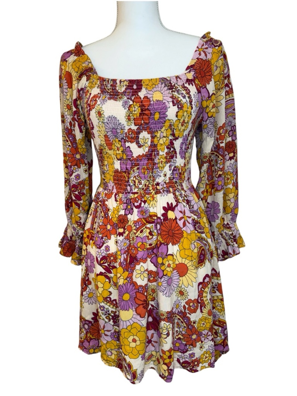 Angie Floral Smocked Square-Neck Dress - Yellow, Purple & Orange Sz M